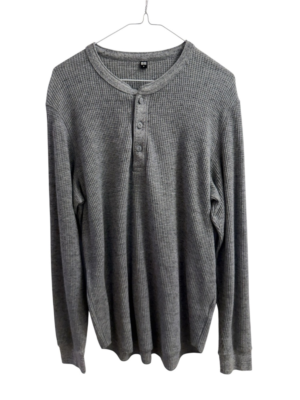Uniqlo Men's Grey Henley Thermal Waffle Knit Long Sleeve T Shirt Men’s Medium